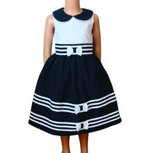 Jessica Ann Nautical Dress 6X Navy & White Stripe Fit & Flare Tie in Back & Bows